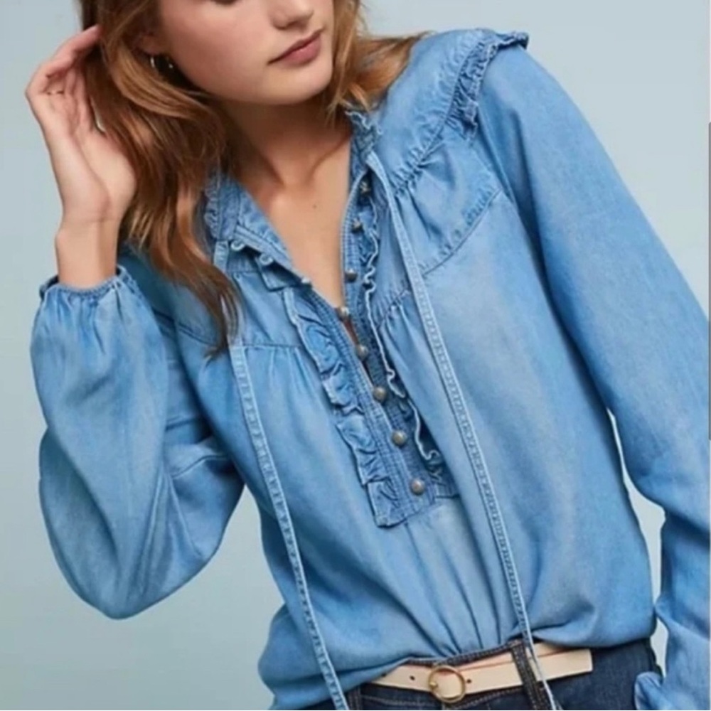 Anthropologie Light Blue Denim Ruffle Peasant Blouse